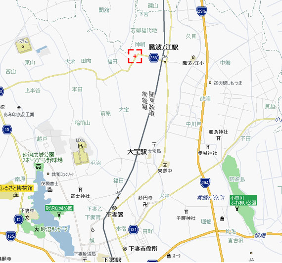 騰波ノ江地区は、下妻市の北の端。赤い四角の場所が、会場です。