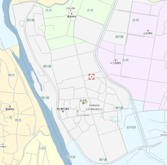 薄い灰色の地域が「桐ヶ瀬」、薄緑の地域が「渋井」地区です。今回は、地図の下側にある「桐ヶ瀬地区」の「農村集落センター」で開催しました。